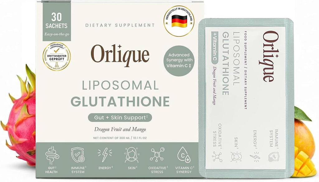 Orlique Liposomal Glutathione Supplement with Vitamin C | High-Potency Antioxidant for Immune Support, Cellular Protection, Detox & Energy | Vegan, Sugar-Free | Mango Dragon Fruit | 30 Sachets, 400mg