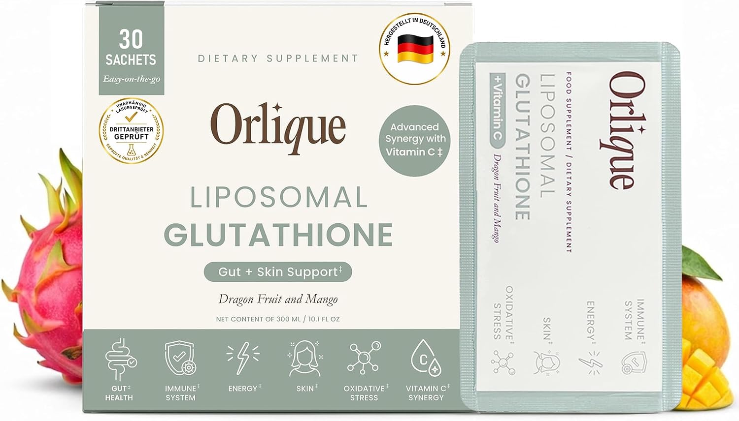 Orlique Liposomal Glutathione Supplement with Vitamin C | High-Potency Antioxidant for Immune Support, Cellular Protection, Detox & Energy | Vegan, Sugar-Free | Mango Dragon Fruit | 30 Sachets, 400mg