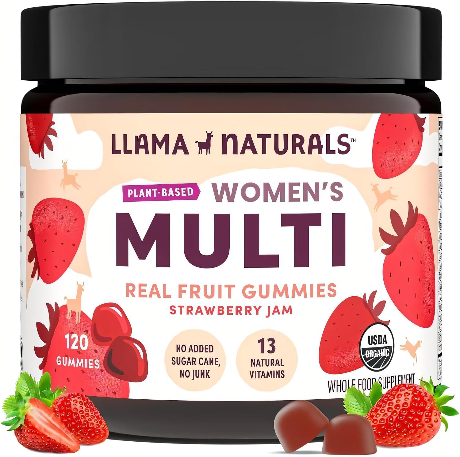 Llama Naturals Multivitamínico para Mujeres, Gominolas Veganas y Orgánicas con Vitaminas D, C y K, Gominolas de Fruta Real, Complemento Alimenticio, Sin Azúcar Añadido, Fresa, 120 Unidades