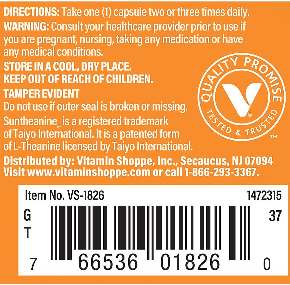 The Vitamin Shoppe L-Teanina 100mg - Calma, Concentración y Apoyo contra el Estrés, Aminoácido del Té Verde (60 Cápsulas)