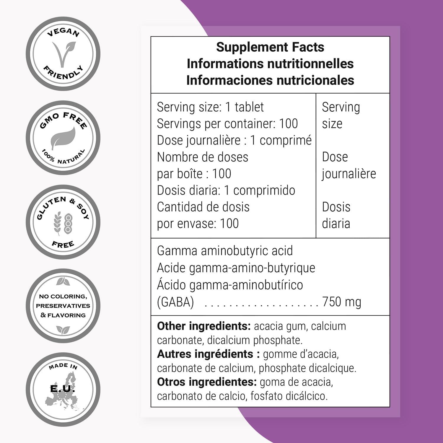 Supersmart - GABA 750mg por Día (Alta Potencia) - Suplemento de Ácido Gamma-Aminobutírico | No-OMG y Sin Gluten - 100 Comprimidos