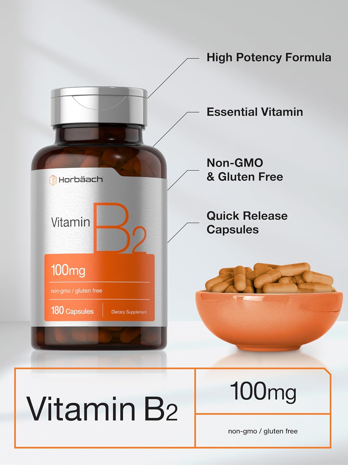 Horbäach Vitamina B2 100mg | 180 Cápsulas | Suplemento de Riboflavina