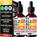 NUSAVA Complejo B Líquido con Vitamina B12, B6, B1, Niacina y Folato - Metilcobalamina 5000 mcg, Sabor Frambuesa, 80 Dosis