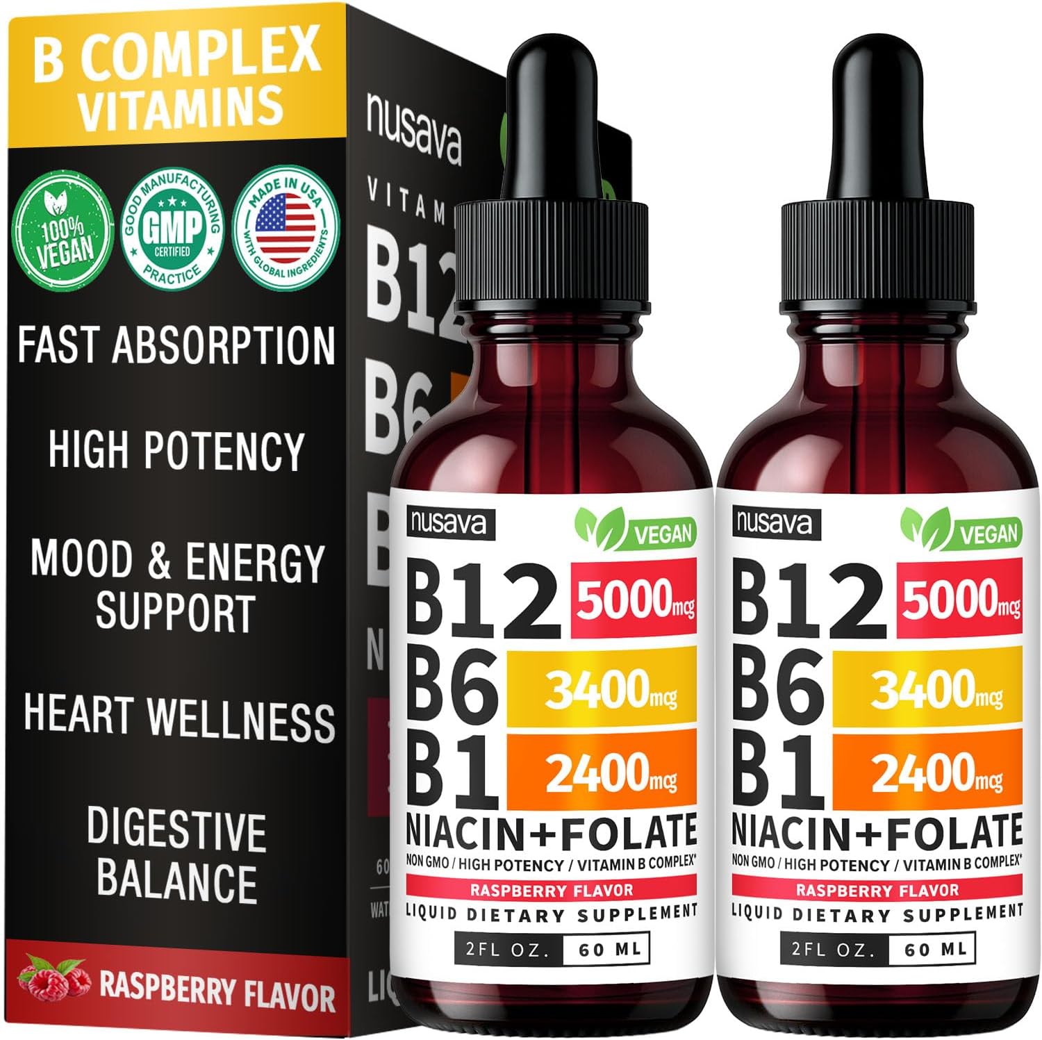 NUSAVA Complejo B Líquido con Vitamina B12, B6, B1, Niacina y Folato - Metilcobalamina 5000 mcg, Sabor Frambuesa, 80 Dosis