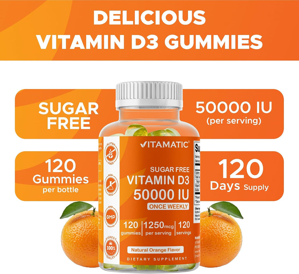 Vitamatic Vitamina D3 50.000 UI Sin Azúcar - 120 Gomitas de Pectina - Suplemento Semanal para Huesos, Dientes y Sistema Inmunológico