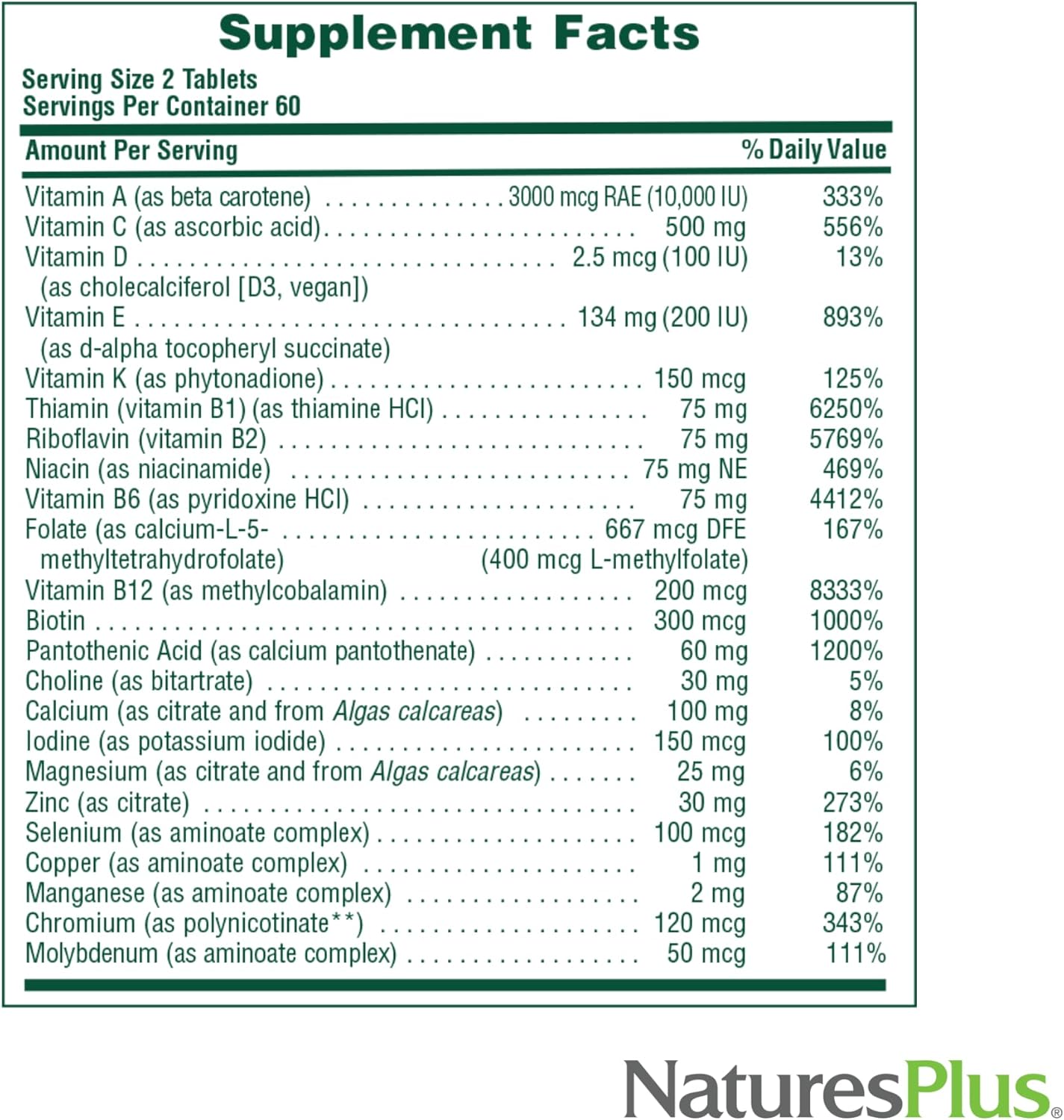 NaturesPlus Source of Life Men - Multivitamínico y Mineral para Hombres - Sin Hierro - 60 Comprimidos