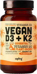 Sapling Vitamin D3 + K2 Vegano - 4000 UI D3 y 100 mcg K2 (MK-7) - Absorción de Calcio y Salud Ósea - 60 Cápsulas Blandas