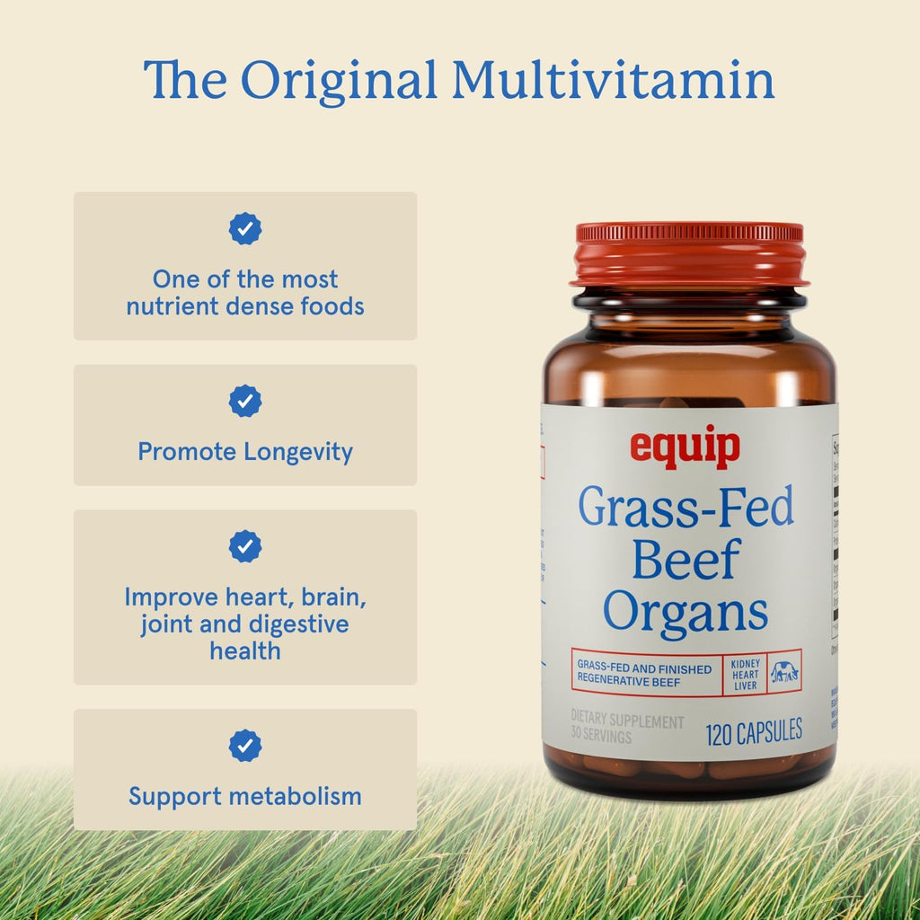 Equip Órganos de Res Alimentados con Pasto - Extracto de Hígado, Riñón y Corazón Liofilizado - Suplemento Multivitamínico Natural (30 dosis)