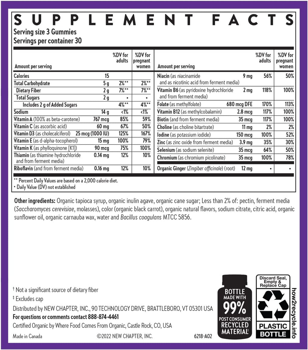 New Chapter Gominolas Multivitamínicas Prenatales – 67% Menos Azúcar, Para Mamá y Bebé Saludable con Metilfolato, Vitamina D3, Colina + Jengibre, Sin OGM, Sin Gluten, Sabor Cítrico de Bayas, 90 unidades