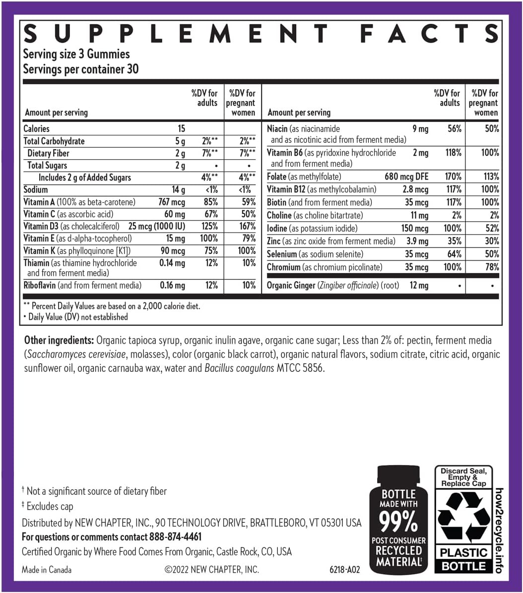 New Chapter Gominolas Multivitamínicas Prenatales – 67% Menos Azúcar, Para Mamá y Bebé Saludable con Metilfolato, Vitamina D3, Colina + Jengibre, Sin OGM, Sin Gluten, Sabor Cítrico de Bayas, 90 unidades