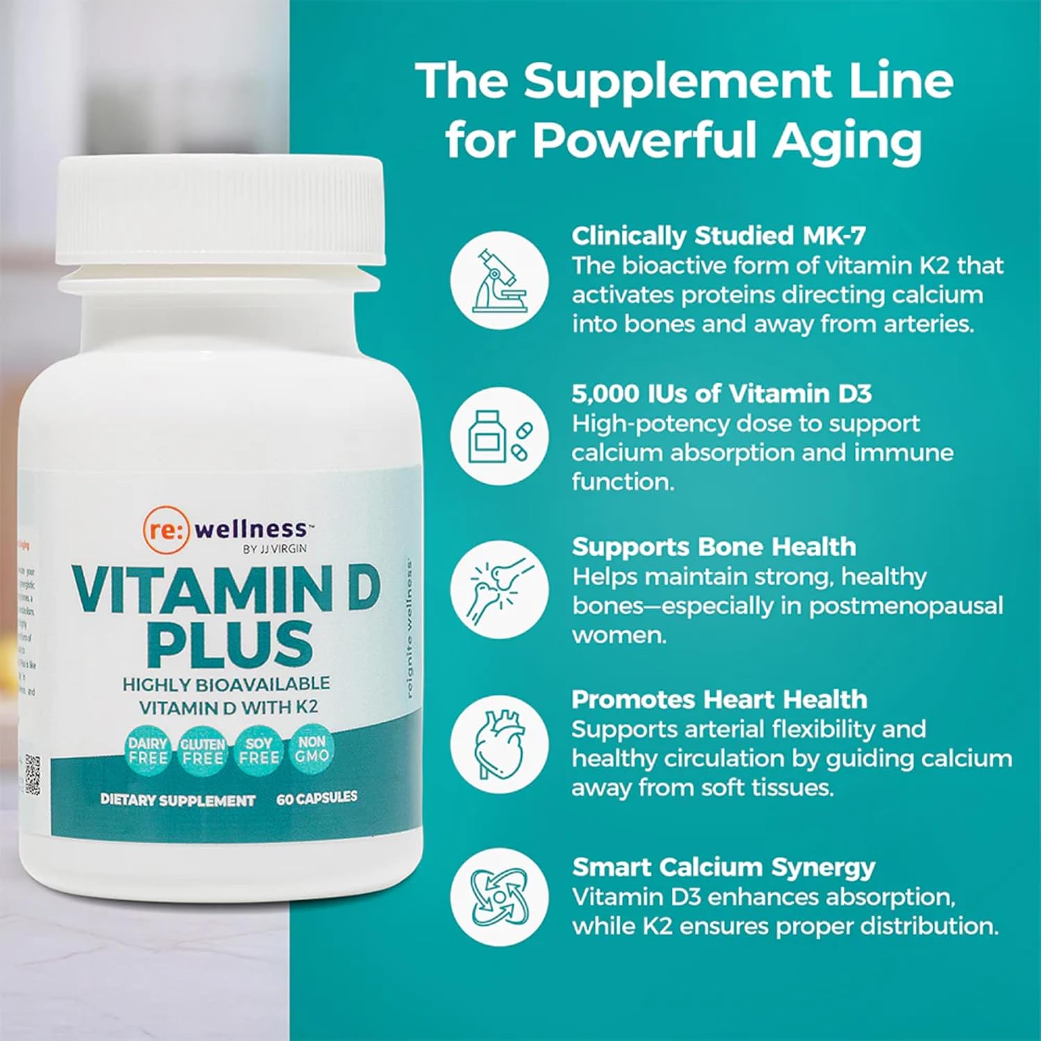 Vitamina D Plus – D3 5000 UI con K1, K2 (MK4) y GG | Reignite Wellness