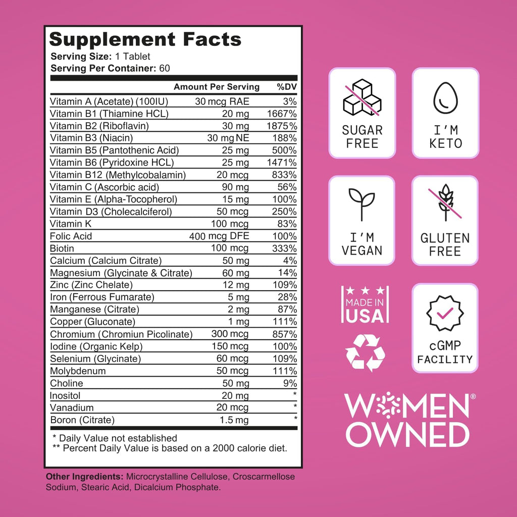 SELF NUTRITION Multivitamínico Vegano para Mujeres - 28 Nutrientes - 1 Dosis Diaria - 60 Días