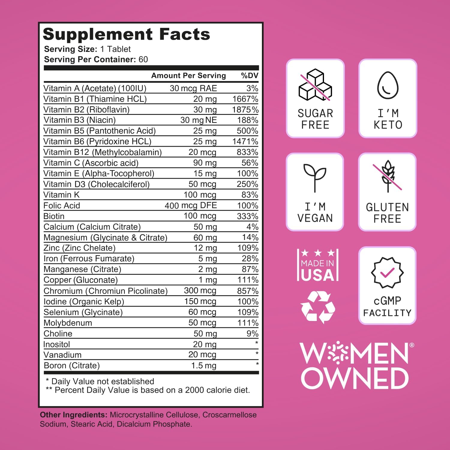 SELF NUTRITION Multivitamínico Vegano para Mujeres - 28 Nutrientes - 1 Dosis Diaria - 60 Días