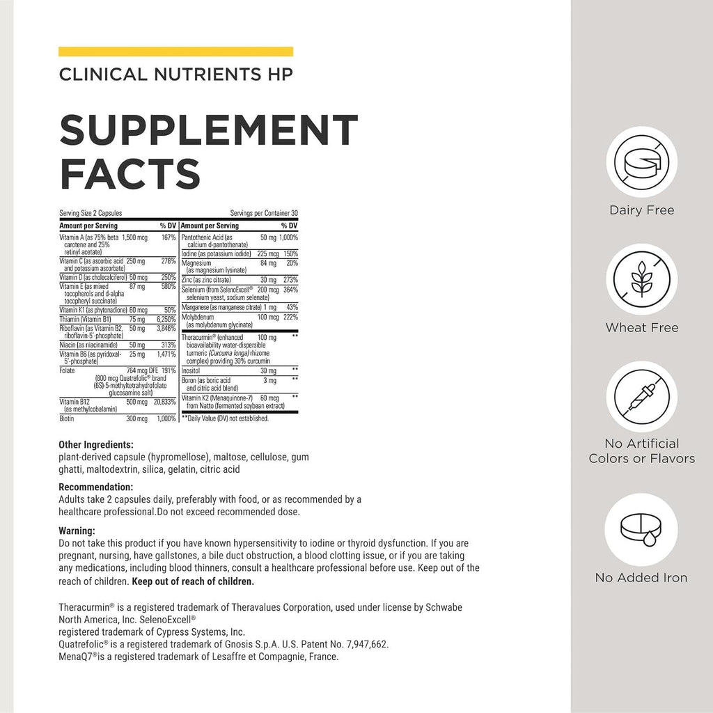 Integrative Therapeutics Clinical Nutrients HP - Multivitamínico diario con antioxidantes - Sin hierro - 60 comprimidos