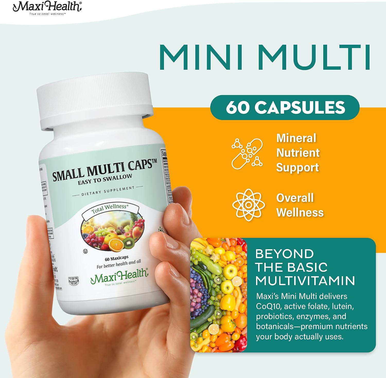 Maxi Health Multivitamin – Cápsulas multivitamínicas fáciles de tragar con 30 nutrientes, hierro y probióticos – 60 unidades
