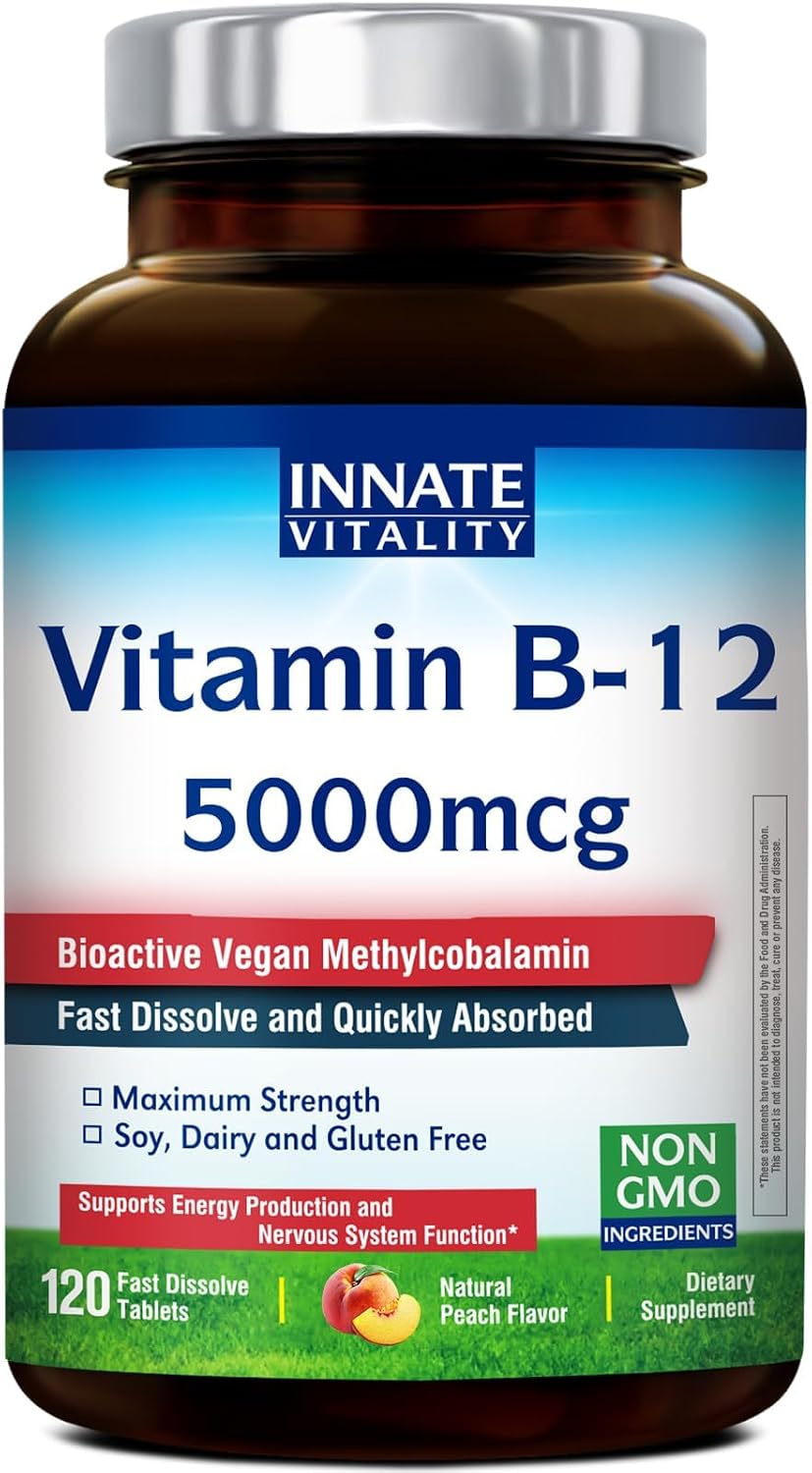 Innate Vitality Vitamina B12 5000mcg Sublingual, Metilcobalamina Vegano, 90 Comprimidos