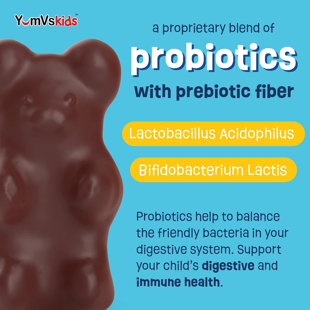 YUM-V'S Probióticos para Niños Ositos de Chocolate - Suplemento Probiótico con 1.000 Millones de UFC y Fibra Prebiótica - Sin Azúcar - 60+60 Unidades
