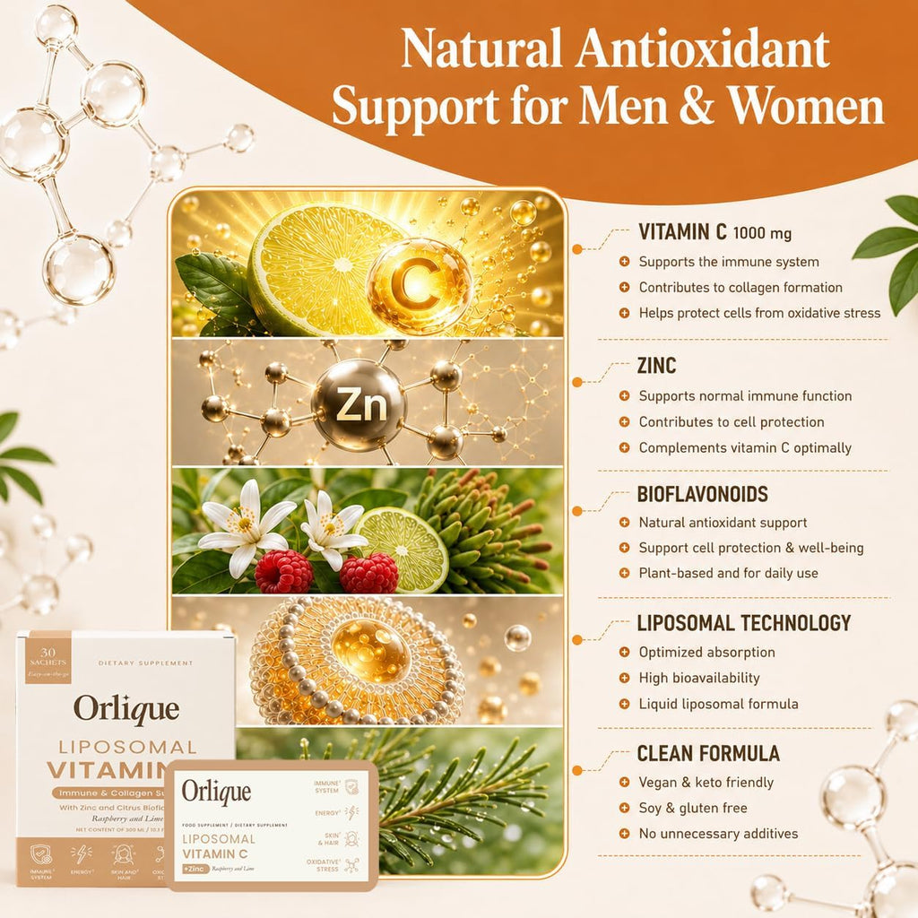 Orlique Vitamina C Liposomal 1000 mg con Zinc y Bioflavonoides | Sabor Lima y Frambuesa | 30 Sobres