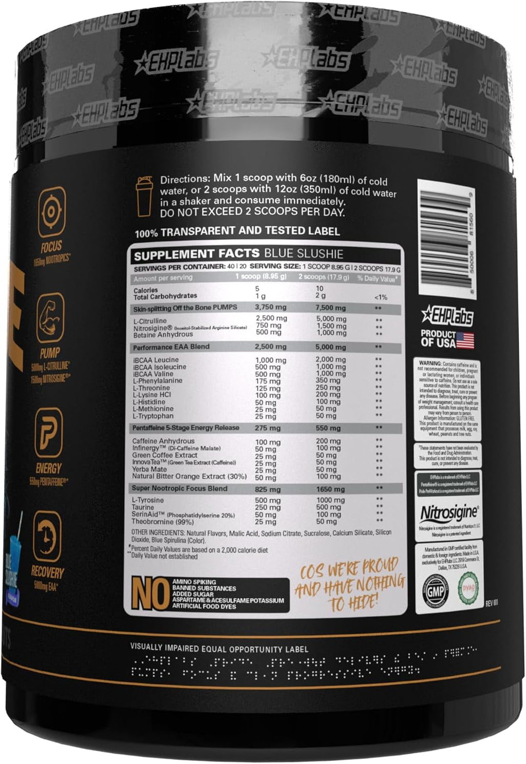 EHP Labs Pride Pre Workout - Pre-entreno en Polvo Sin Azúcar con Cafeína y BCAA (40 Servicios, Blue Slushie)