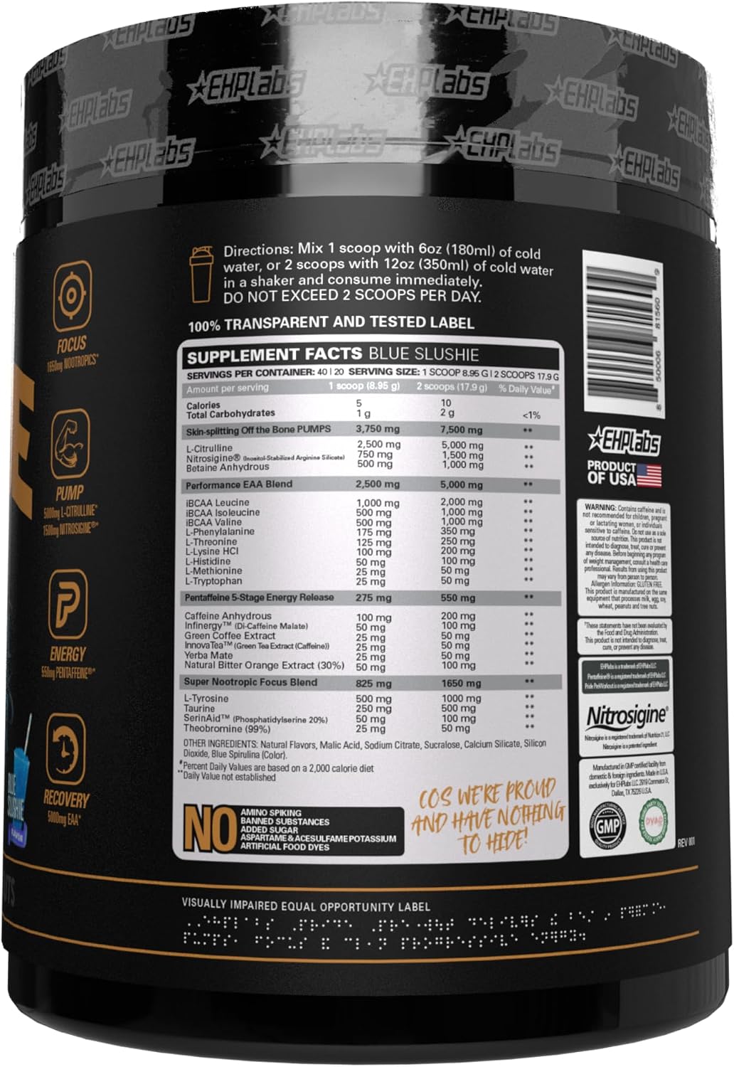EHP Labs Pride Pre Workout - Pre-entreno en Polvo Sin Azúcar con Cafeína y BCAA (40 Servicios, Blue Slushie)