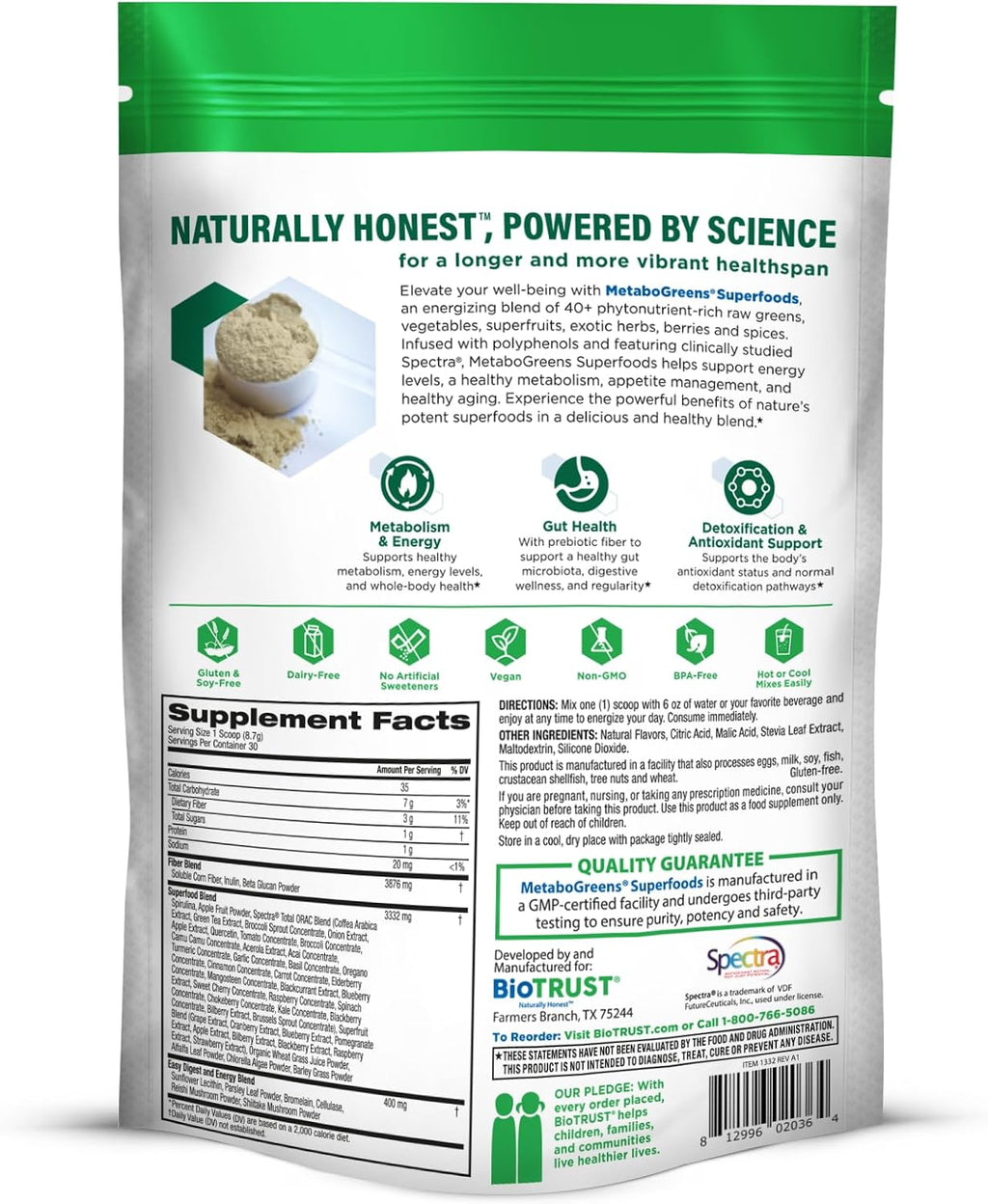BioTrust Metabo Greens Superfood Powder - Mezcla de Super Greens con Frutas y Verduras, Sabor Berry Energizante (30 Porciones)