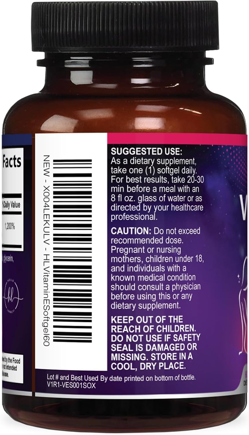 Vitamina E – 180 mg por Ración – Suplemento para Piel y Cabello – dl-Alfa Tocoferol – 60 Cápsulas Blandas