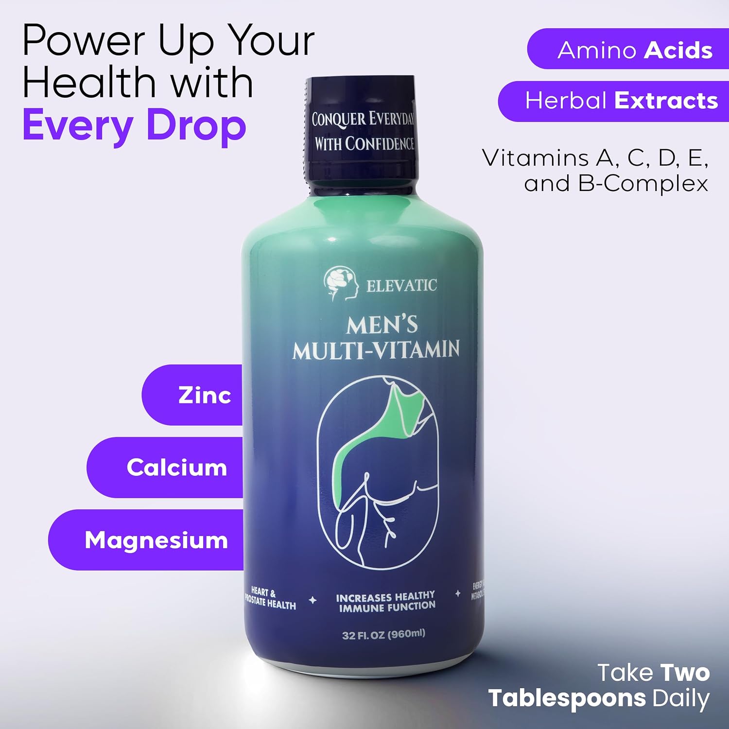 Multivitamínico para Hombre | 960ml (32 Fl.oz) | Sabor Superior | Natural | Energía Líquida | Elevatic