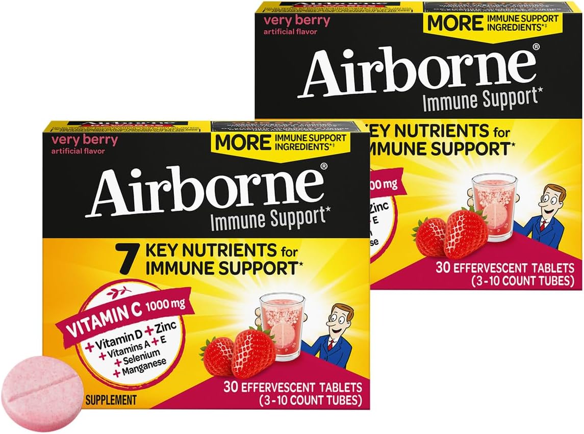 Airborne 1000mg Vitamina C con Vitamina D + Zinc Multivitamínico Sin Azúcar Comprimidos Efervescentes Sabor Very Berry, 30 Comprimidos (2 Pack)