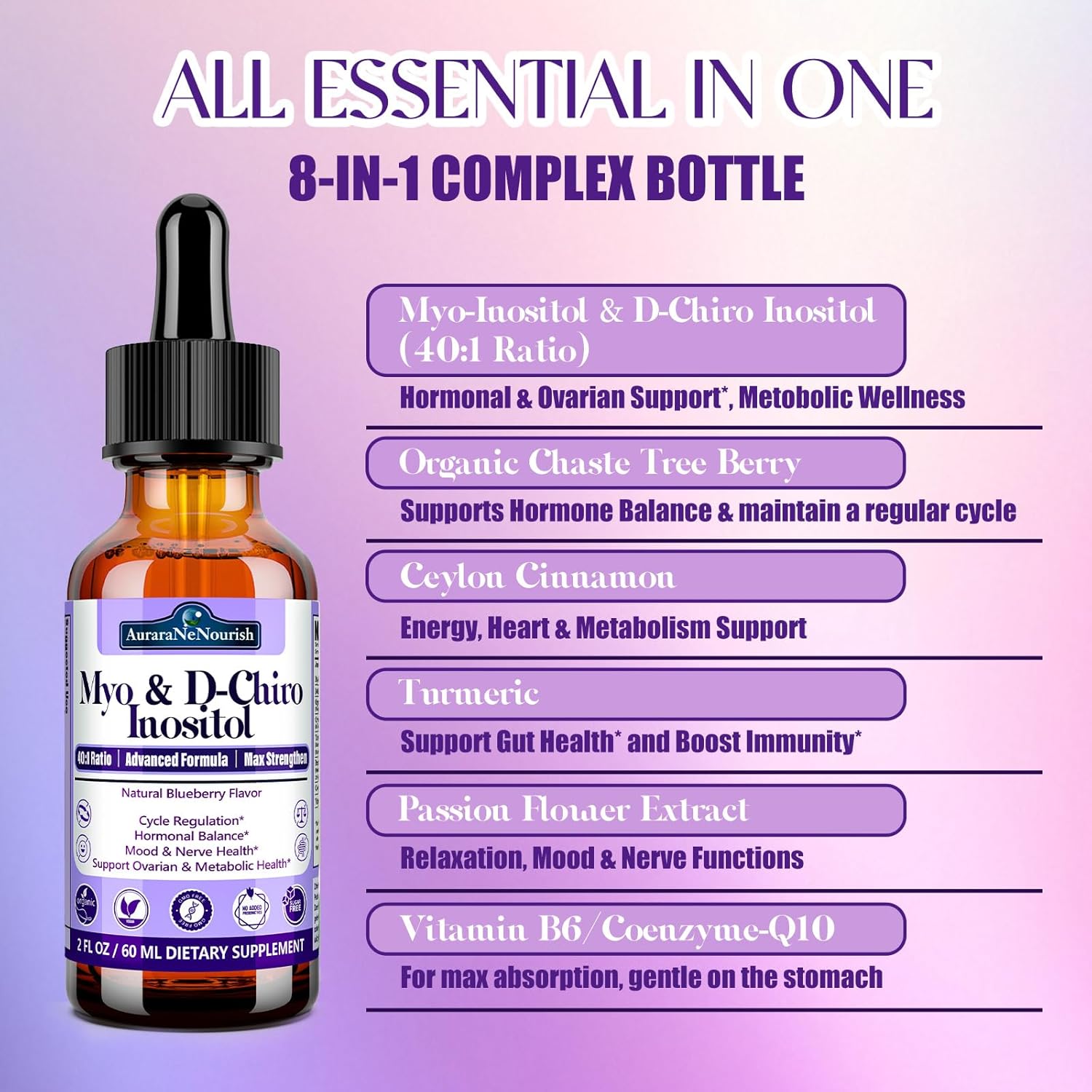 AuraraNeNourish Myo-Inositol & D-Chiro Inositol 40:1 Suplemento Líquido para Mujer