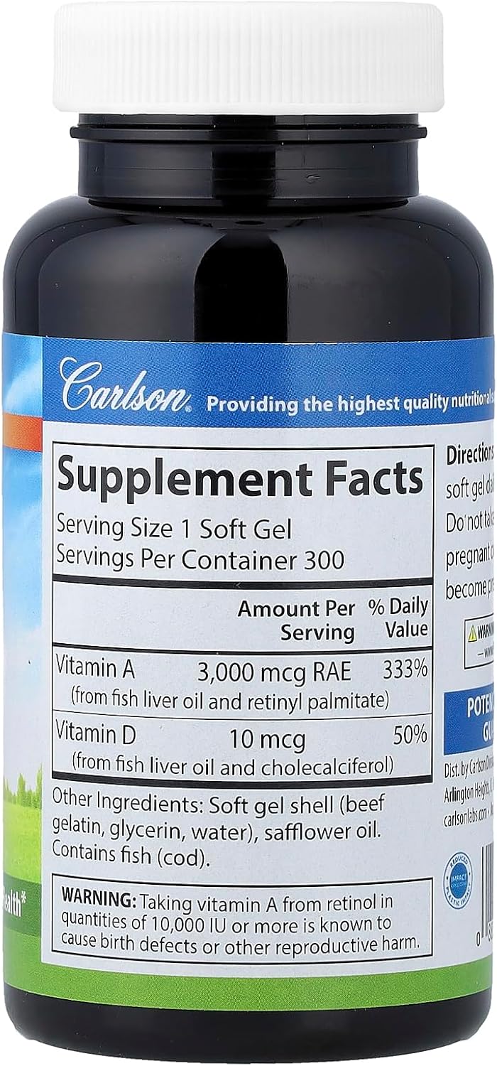 Carlson Labs Vitamin A & D, 10,000/400 IU, 300 Soft Gels