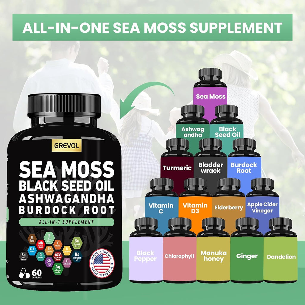 Grevol Complex Multimineral con Sea Moss, Ashwagandha y Vitaminas C y D3 – 60 Cápsulas