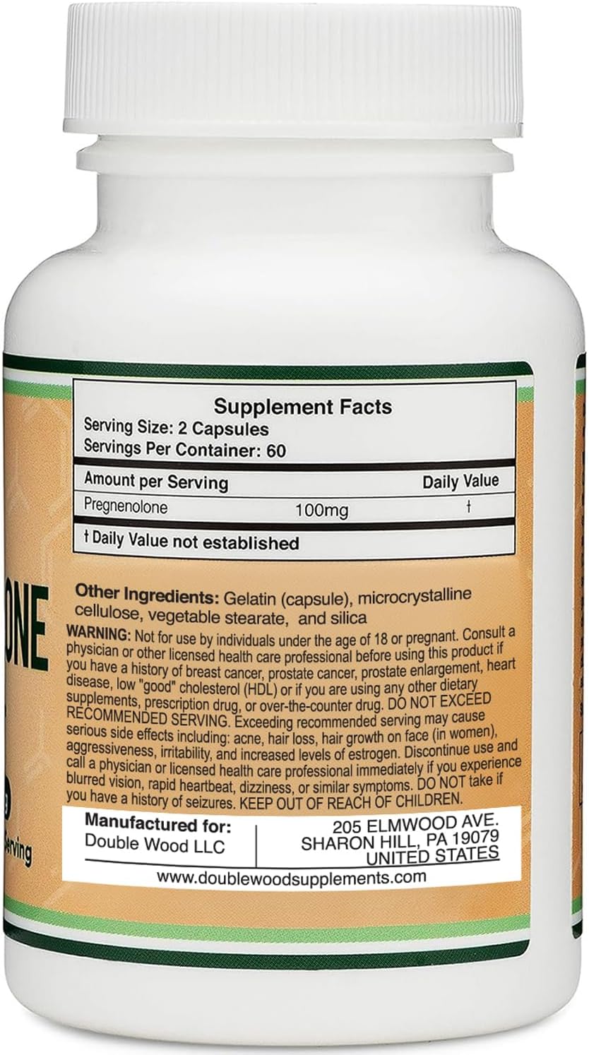 Pregnenolona 100 mg por dosis (Convertido a progesterona) - Probado por terceros - 120 Cápsulas (50 mg por cápsula) No transgénico - Double Wood