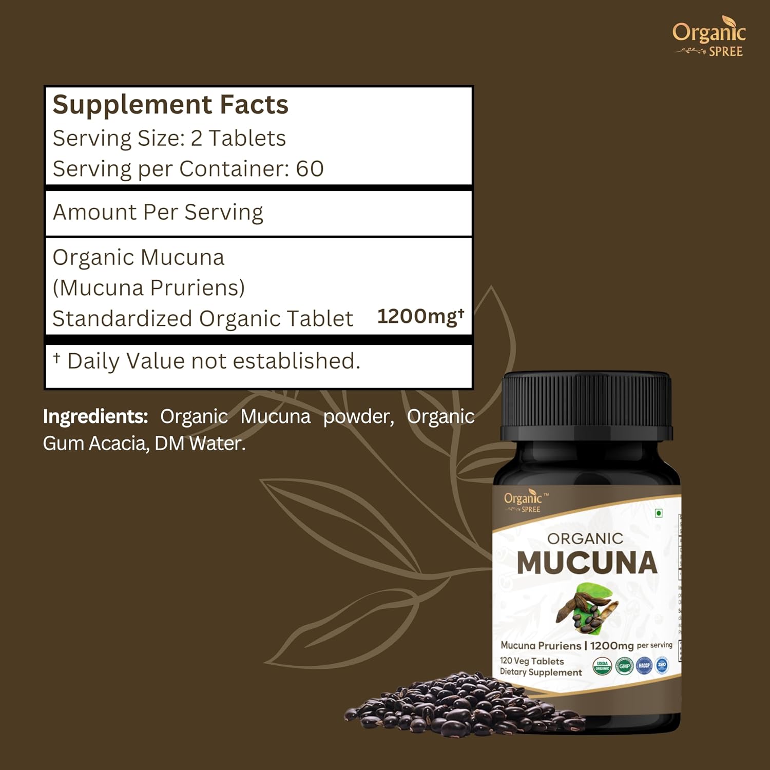 ORGANIC SPREE Comprimidos de Mucuna - USDA Orgánico, Apoya la Energía y el Bienestar General*, 120 Comprimidos - Paquete de 3