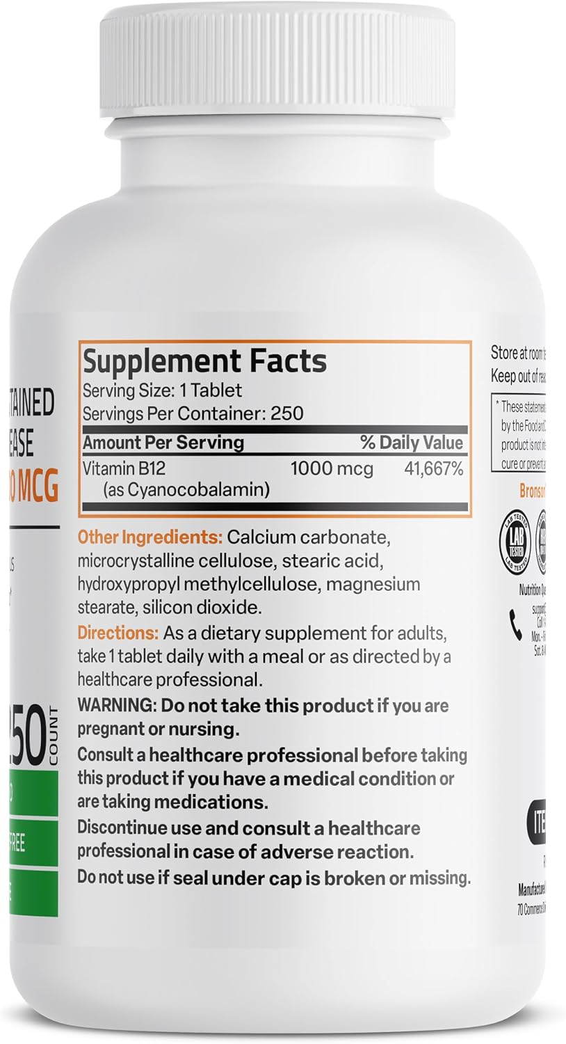 Bronson Vitamina B12 1000 mcg de Liberación Sostenida - 250 Tabletas