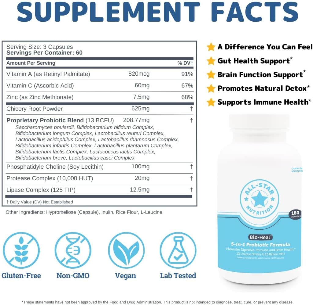 Bio-Heal® Probiótico 5-en-1 - 13 Mil Millones UFC, 12 Cepas + Vitaminas y Prebióticos