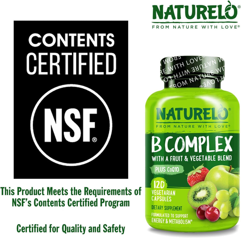 NATURELO Complejo Vitamínico B, 120 Cápsulas, Vegano, Metilado, con CoQ10 y Mezcla de Frutas y Verduras