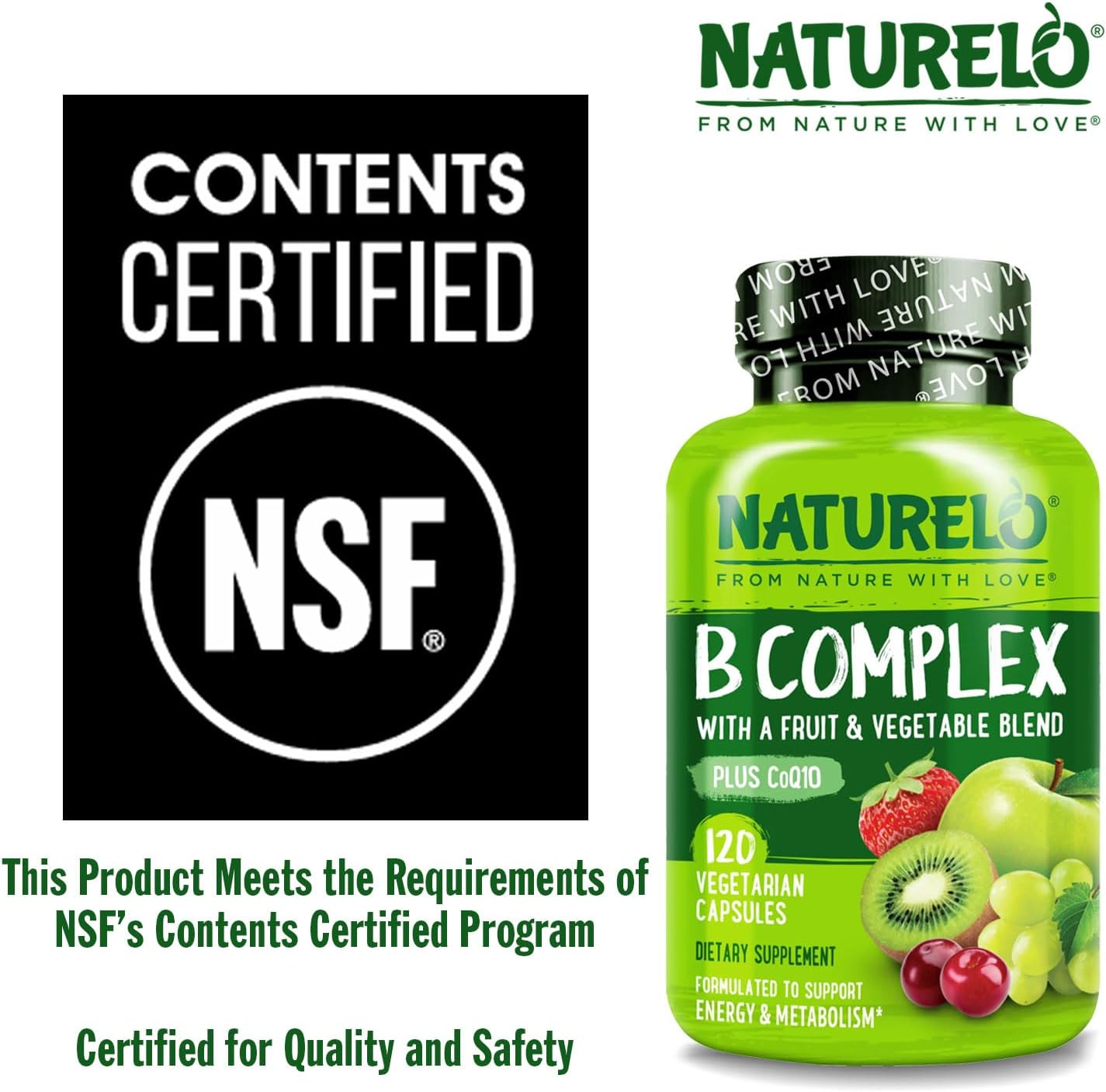 NATURELO Complejo Vitamínico B, 120 Cápsulas, Vegano, Metilado, con CoQ10 y Mezcla de Frutas y Verduras