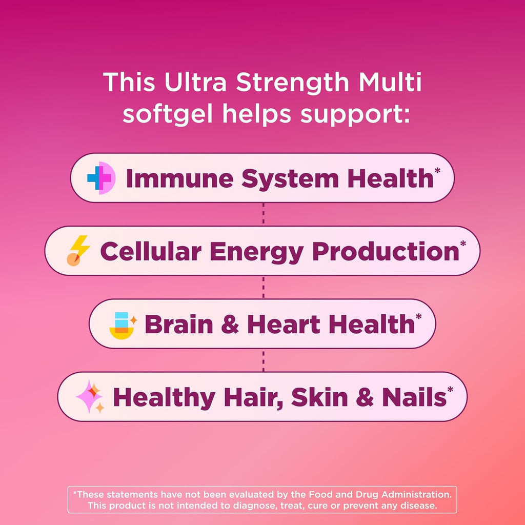 OLLY Ultra Strength Women's Multi Softgels - Multivitamínico diario para mujeres con Omega-3, Hierro y Vitaminas A, C, D, E, B12 - 60 cápsulas blandas