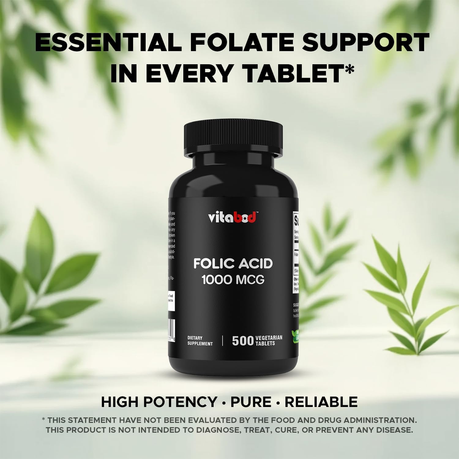Vitabod Ácido Fólico 1 mg (1000 mcg) - 500 Comprimidos Veganos
