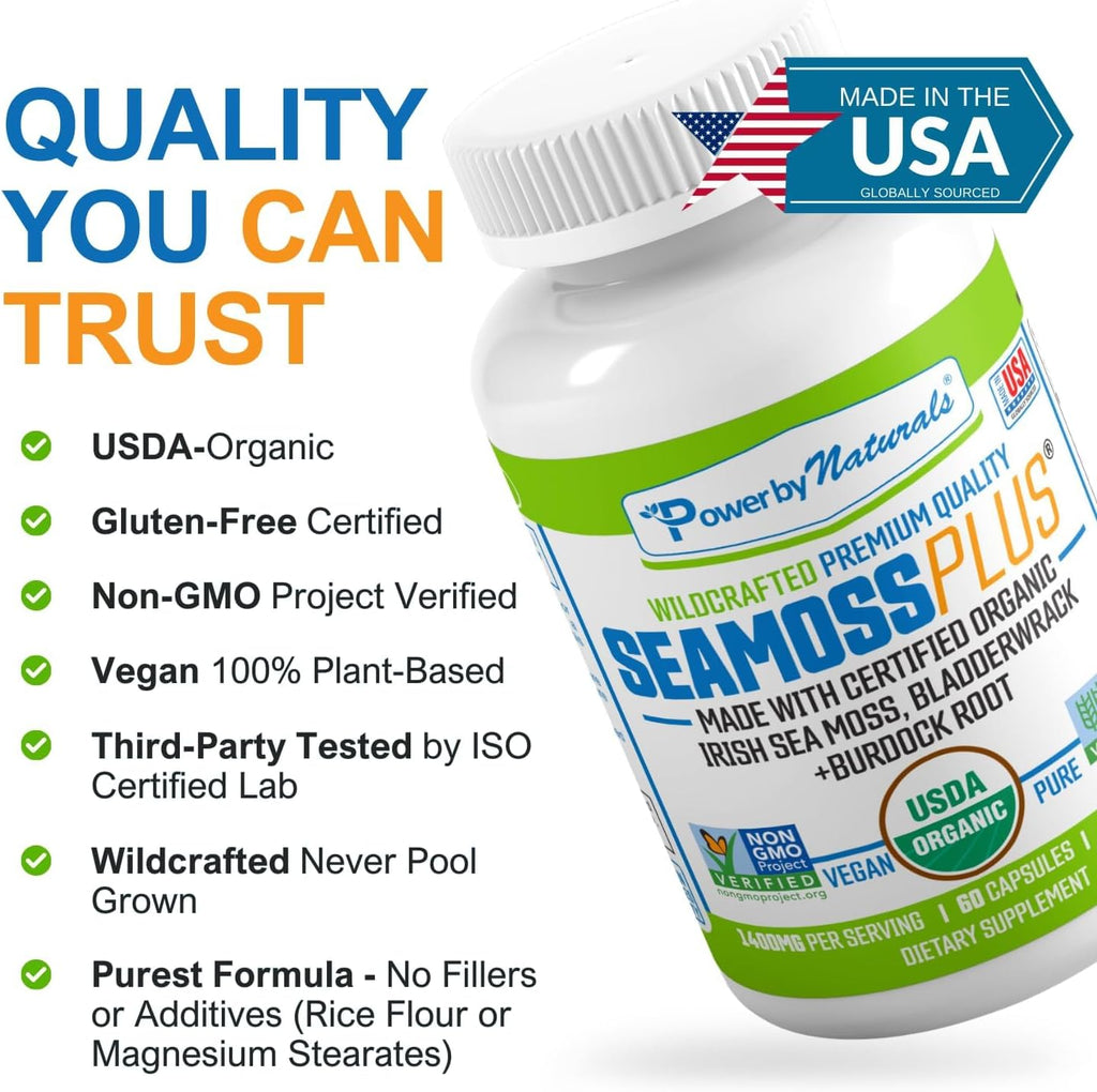 Power By Naturals Sea Moss Plus – Cápsulas Orgánicas de Musgo de Mar Irlandés con Bladderwrack y Raíz de Bardana – 120 Cápsulas (Suministro para 2 Meses)