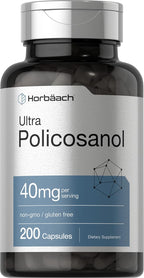 Horbäach Policosanol 40 mg (200 Cápsulas) - Complemento Alimenticio no Transgénico y sin Gluten