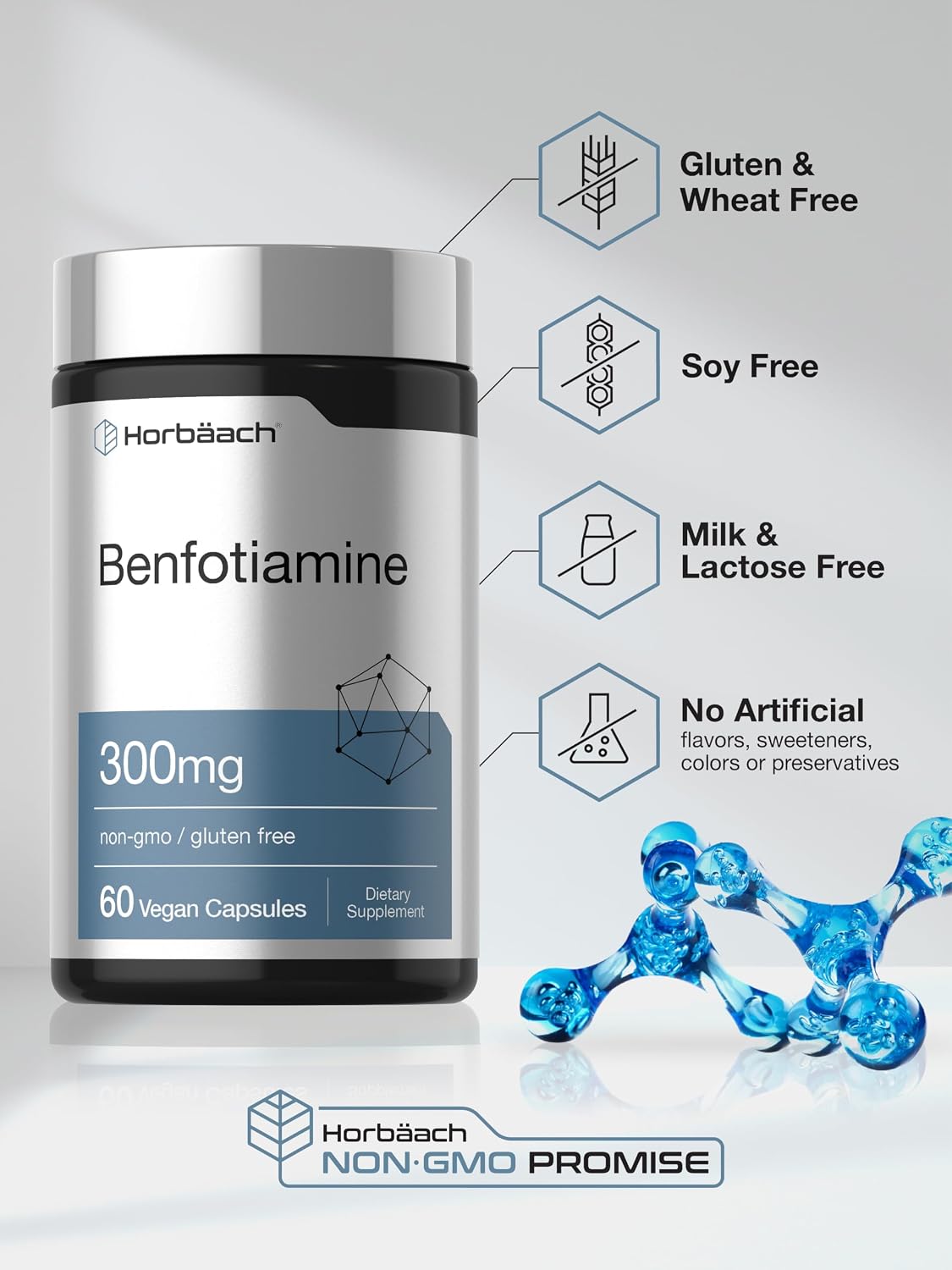 Horbaach Benfotiamina 300 mg | 60 Cápsulas | Vitamina B1 Tiamina | Sin Gluten