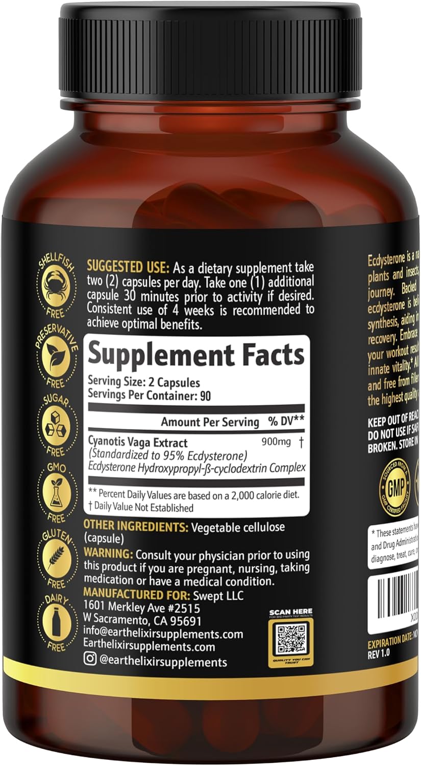 Earth Elixir Ecdysterone 900mg (180 Cápsulas) – Suplemento Deportivo con Beta-Ecdysterona y Ciclodextrina para Máxima Biodisponibilidad