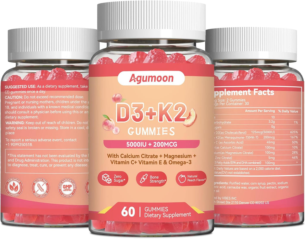Agumoon Vitamina D3 K2 Gomitas para Adultos - 5000IU D3 + 200mcg K2 (MK-7) con Calcio, Magnesio, Omega-3 - 120 Gomitas