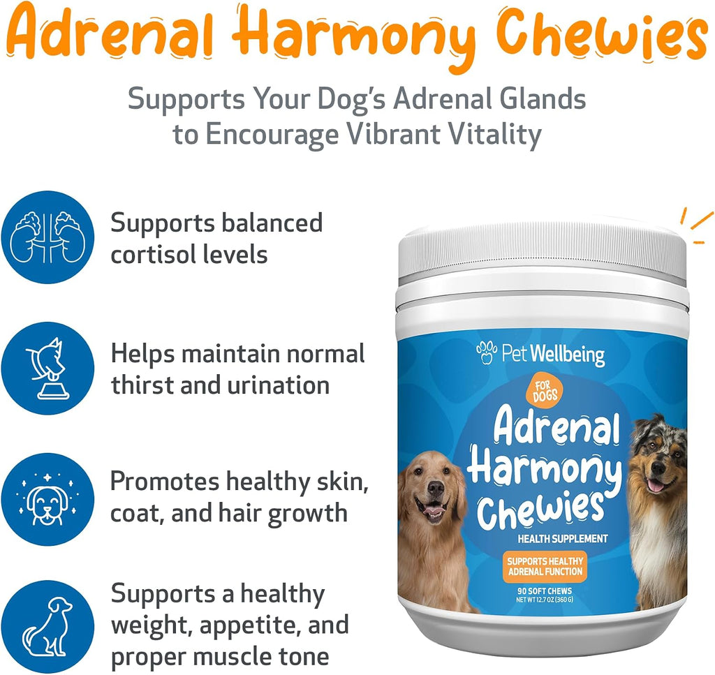 Pet Wellbeing Adrenal Harmony Chewies para Perros - Apoyo Suprarrenal y Equilibrio de Cortisol con Ashwagandha y Bacopa - Certificado NASC y Formulado por Veterinarios - 90 Chews Blandos