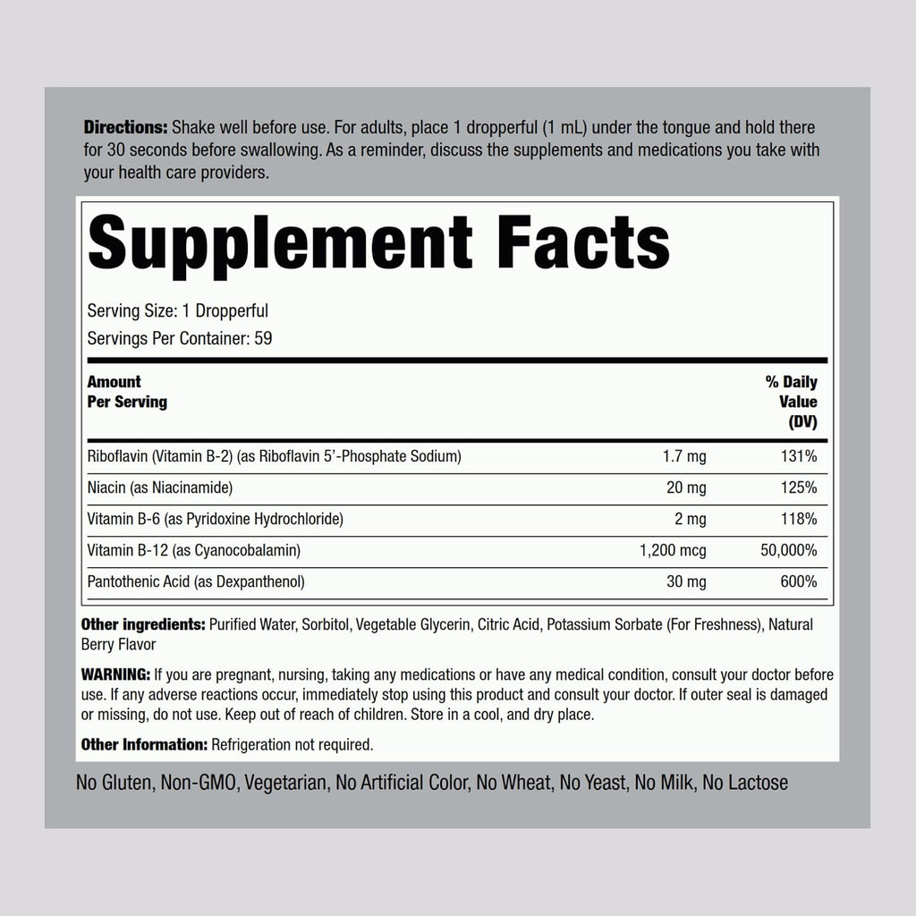 B Complex with B12 - Sublingual Drops (1200 mcg, 59 ml) - Berry Flavor | Piping Rock