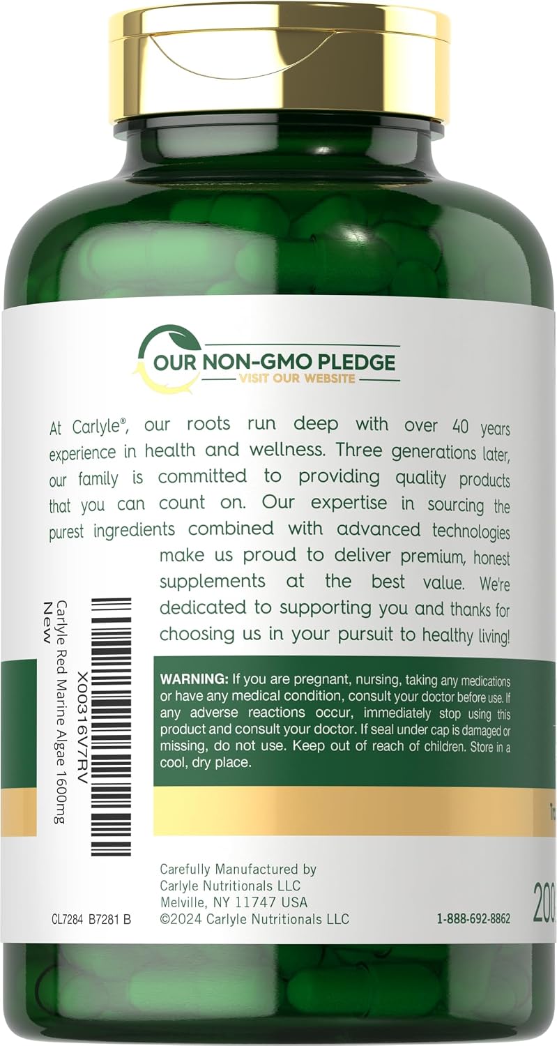 Carlyle Alga Roja Marina 1600mg | 200 Cápsulas | con Calcio, Magnesio y Vitamina D3 | Suplemento Vegetariano, No GMO, Sin Gluten