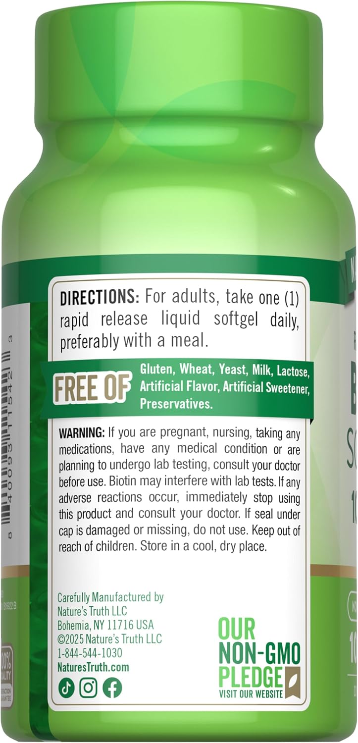 Nature's Truth Biotin 10.000 mcg | Softgels de Liberación Rápida | 100 Unidades | Sin Gluten y No GMO
