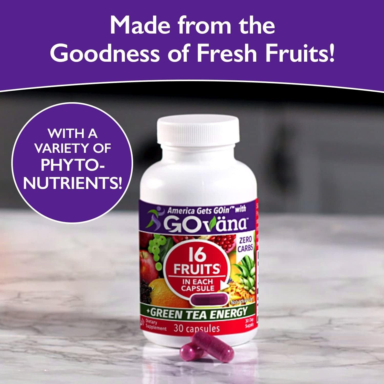 GOVANA Fruits & Veggies - Suplemento con 16 Frutas y 16 Verduras, Té Verde y B12, Cero Carbohidratos