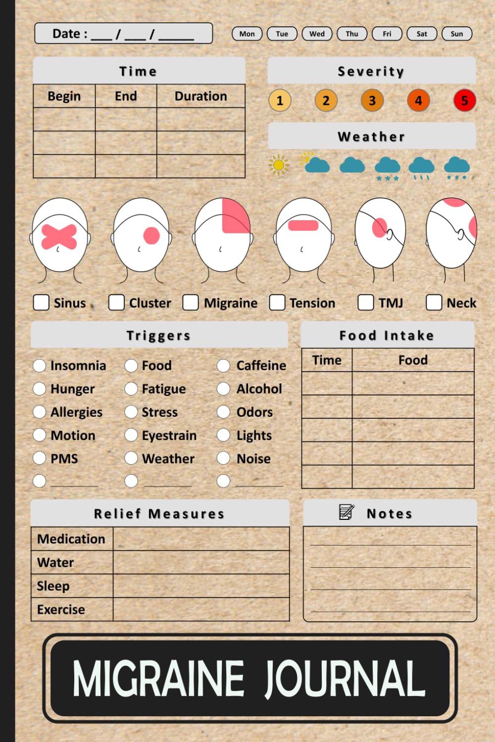Migraine Journal: Headache Tracker Logbook To Record Chronic Migraines, Cluster, Tension, Neck, TMJ and Sinus Headaches